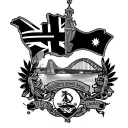 Australia themed tattoo featuring coat of arms, flag and Sydney harbour bridge tattoo design idea