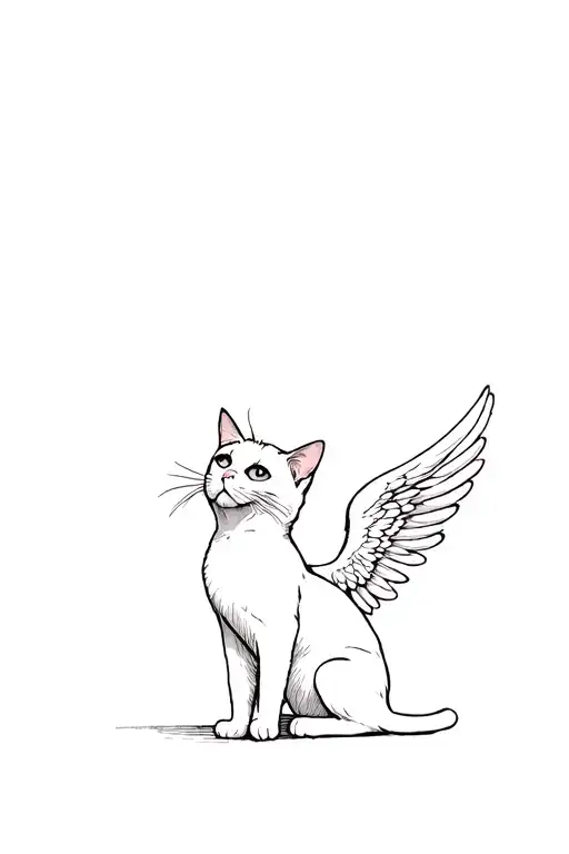 fluffy skinny white cat sitting and looking up to the side with angel wings that aren't open I'm  tattoo design idea