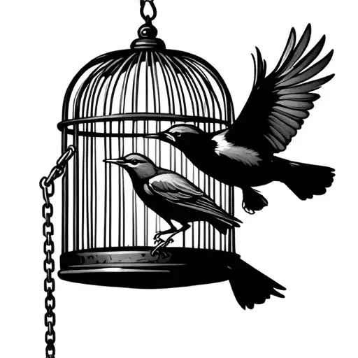 a bird cage , one bird is trying to fly out but stuck by a chain to it's leg, while one other bird is flying away tattoo design idea