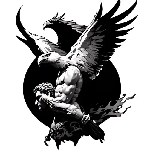 traditional style prometheus with eagle over head with fire full back tattoo design idea