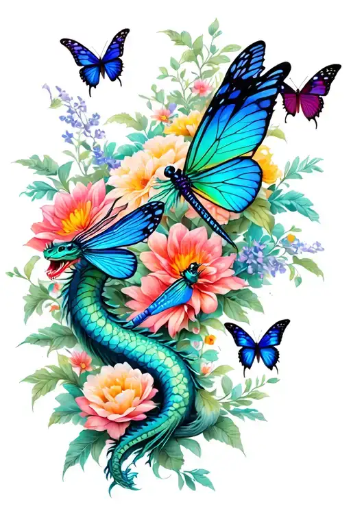 full leg sleeve with dragons butterfly dragonflies flowers tattoo design idea