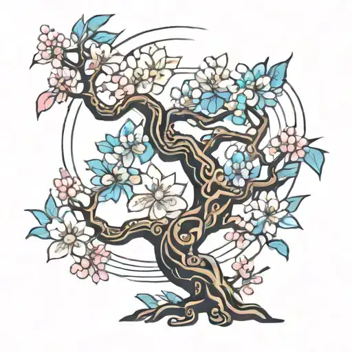 Indonesian tribal tattoo with Japanese blossom tree theme tattoo design idea