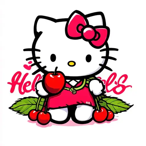 hello kitty eating cherries tattoo design idea