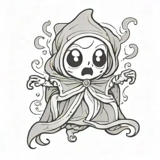 A cartoonish, childlike, cute, melancholic ghost with a subtle, translucent glow, clad in a flowing, tattered sheet, wit tattoo design idea