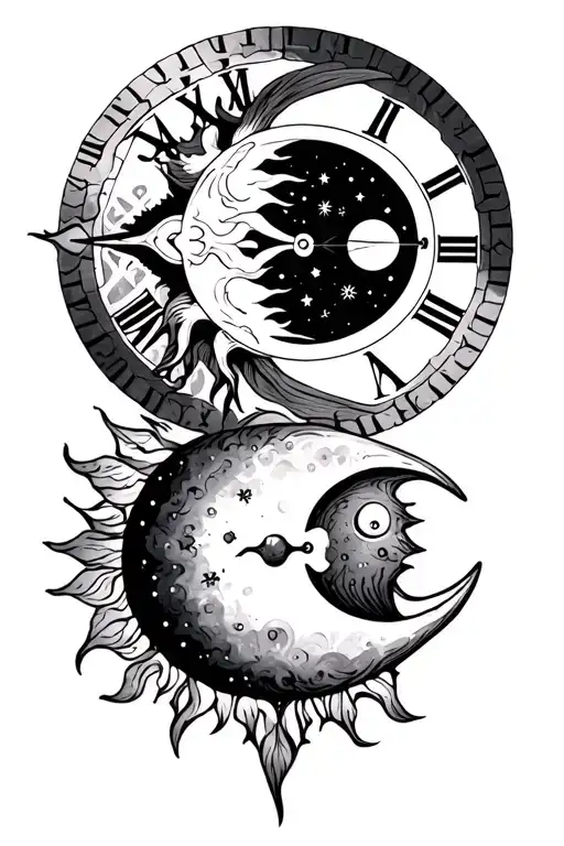 roman numerals with a sun and moon  tattoo design idea