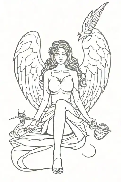 female angel rising from ashes holding dagger heart tattoo design idea