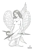 female angel rising from ashes holding dagger heart tattoo design idea