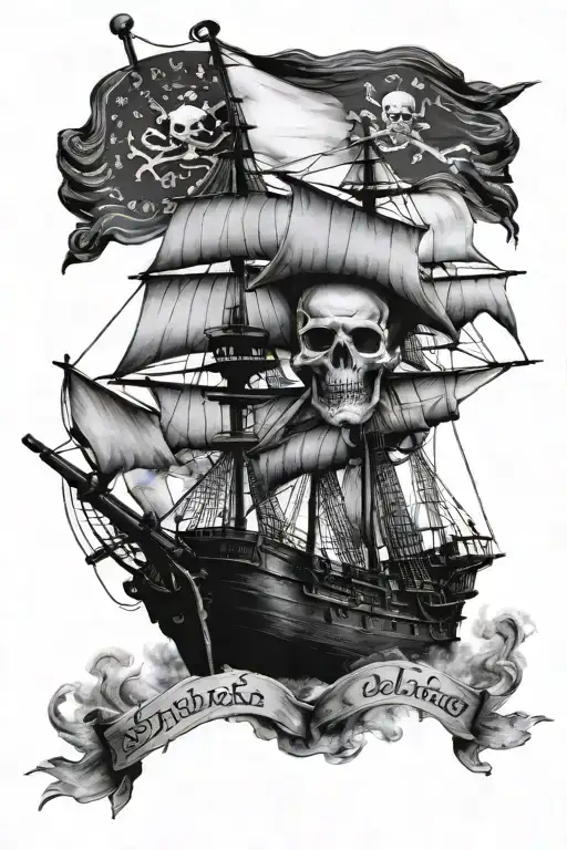 black and white pirate ship sailing with black beards flag as the sail.  tattoo design idea