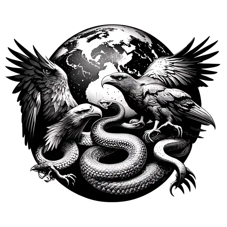 Planet earth, eagle at the left, raven at the right, snake at the middle of the earth tattoo design idea