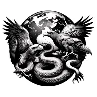 Planet earth, eagle at the left, raven at the right, snake at the middle of the earth tattoo design idea