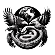 Planet earth, eagle at the left, raven at the right, snake at the middle of the earth tattoo design idea