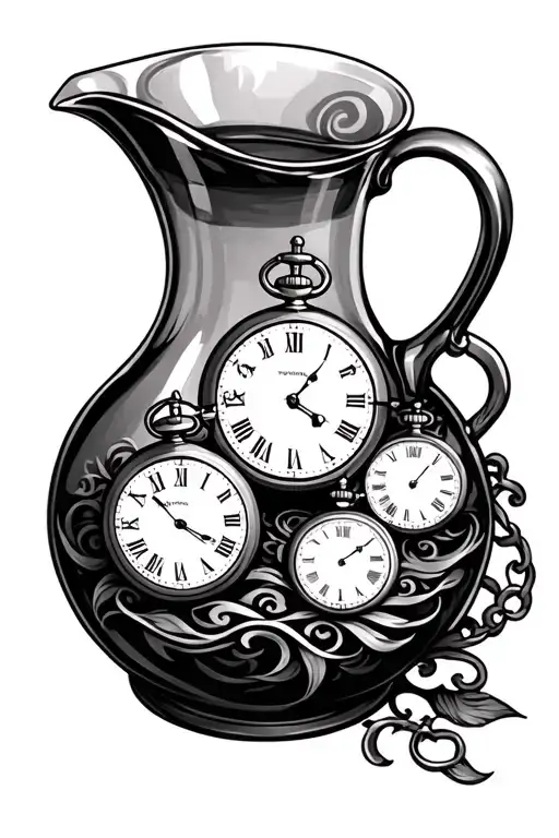 wine jug with 3 pocket watches inside tattoo design idea
