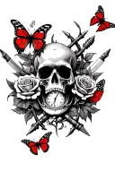 And can it have roses, a skull, bullet cassings, thorns, two red butterflys and daggers, open mouth with clock tattoo design idea