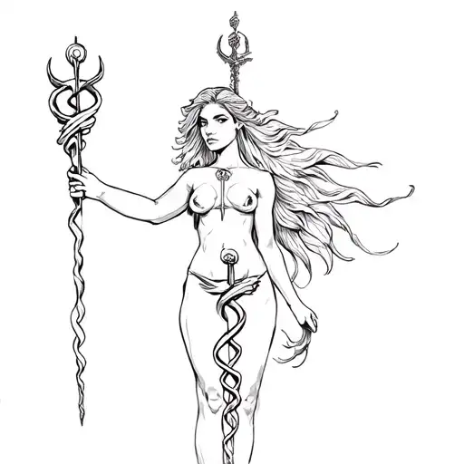 a female centaur holding a Rod of Asclepius tattoo design idea