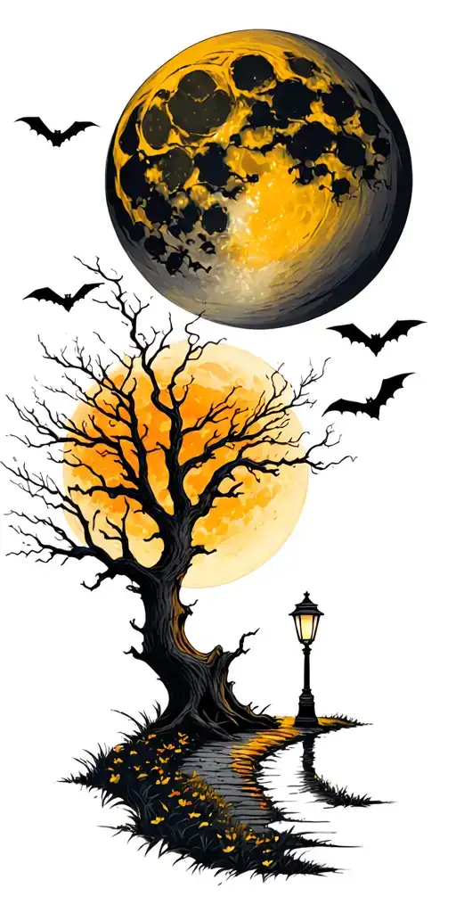 Yellow or orange moon with a creepy tree in front of it with a walking path, blowing leaves and a lamp post with bats or tattoo design idea