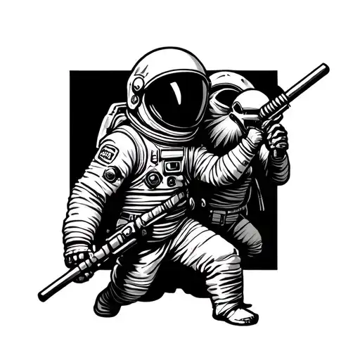 a astronaut that is a samurai facing a alien that is a ninja tattoo design idea