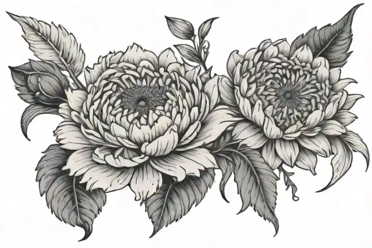 2 asters 1 black rose 1 marigold 1 snowdrop detailed with peacock feather tattoo design idea