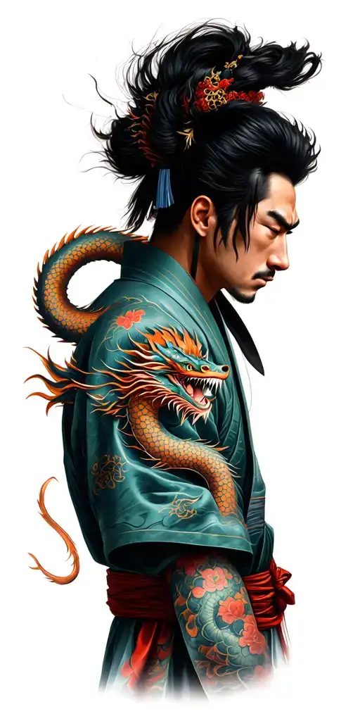A realistic portrait of a Japanese man in traditional attire, with a dragon coiled around his arm symbolizing strength and protection tattoo design idea