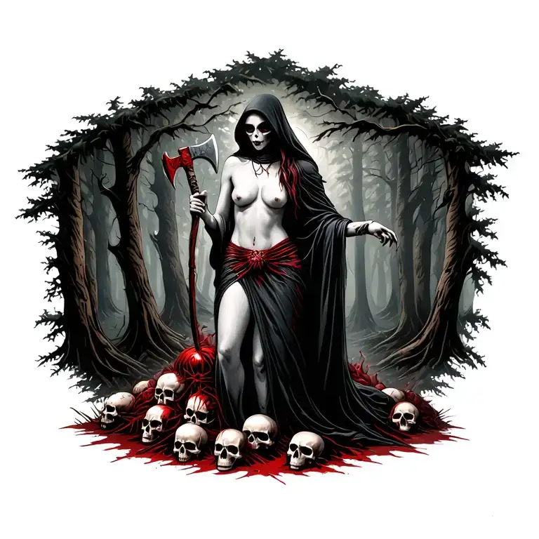topless female grim reaper standing on a pile of bloody skulls in the woods holding a tomahawk and a severd head tattoo design idea