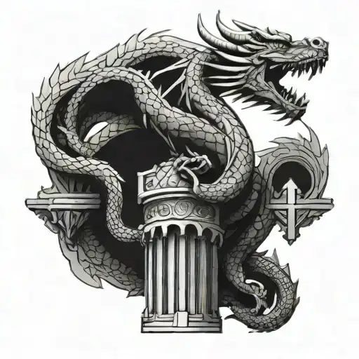 An architectural dragon twisting around a pillar with intricate geometric details tattoo design idea