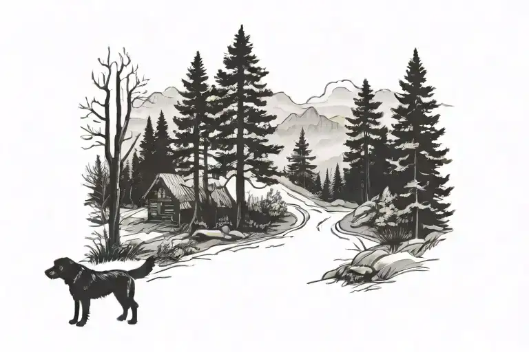 foggy mountain woods with hardwood trees and a dog beside a man walking towards the woods tattoo design idea