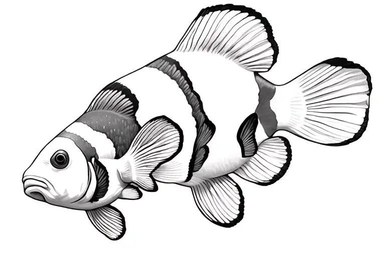 2 black and white clownfish, one big one small, greyscale, not realistic tattoo design idea