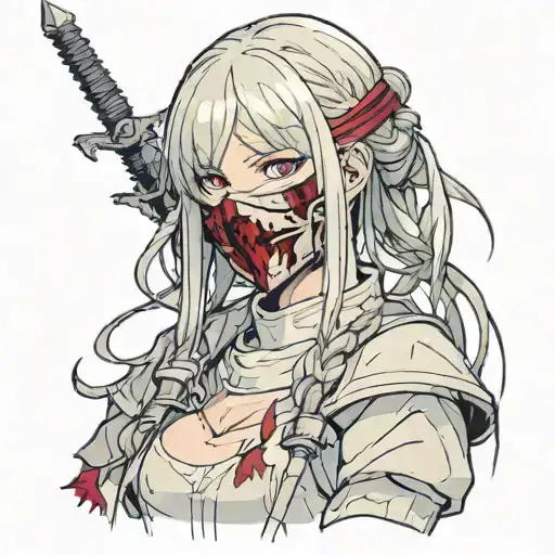 Dark Souls with hair with pigtails with blood on face head mask Shoulder portrait tattoo design idea
