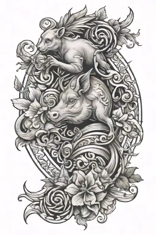 Upper arm sleeve tattoo about being born sagittarius, year of the pig, slytherin house, sacreligious tattoo design idea