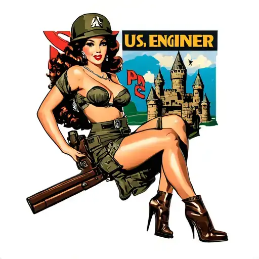 sexy PIN UP GIRL, US ARMY Engineer castle logo, full body view tattoo design idea
