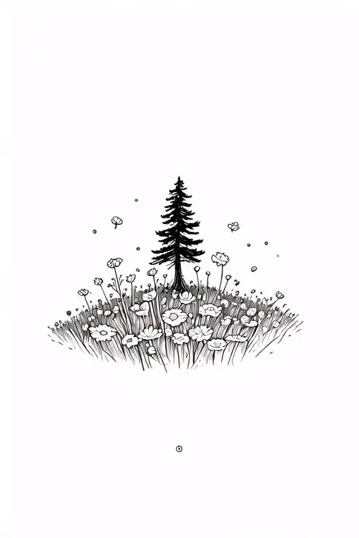 field of wild flowers with pine tree in the middle tattoo design idea