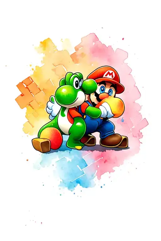 Mario Bros peaches and yoshi in a level with the bricks going around the arm tattoo design idea