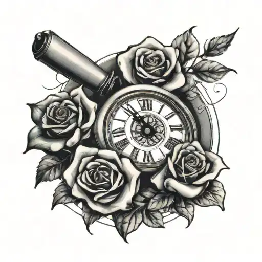 clock, pray hands and rose intertwined tattoo design idea