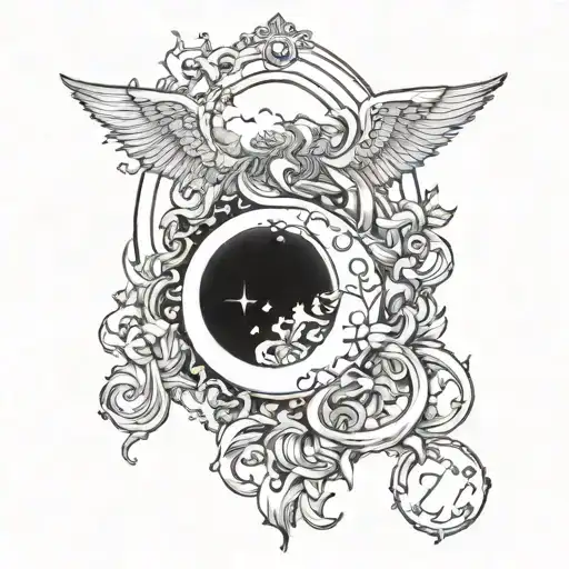 Crescent moon, 2 angels and write the number 0782 tattoo design idea
