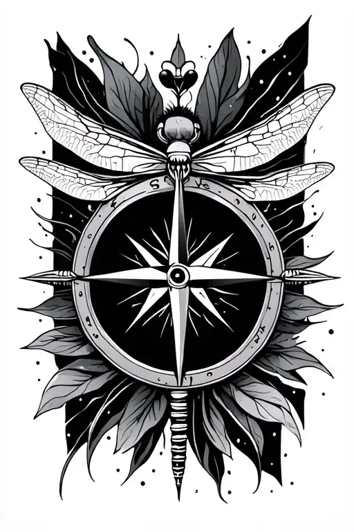 hachet, damselfly, compass, arrow tattoo design idea