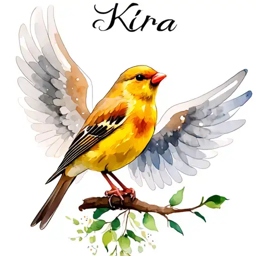 "Kira" American goldfinch perched with Angel wings tattoo design idea