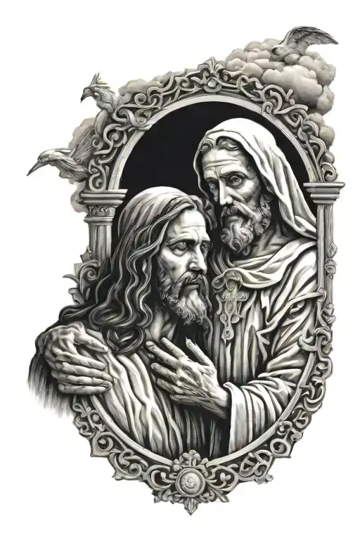 Jesus welcomes the grandfather at the gates of heaven, while the grandson cries below tattoo design idea