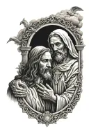 Jesus welcomes the grandfather at the gates of heaven, while the grandson cries below tattoo design idea