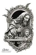 Jesus welcomes the grandfather at the gates of heaven, while the grandson cries below tattoo design idea
