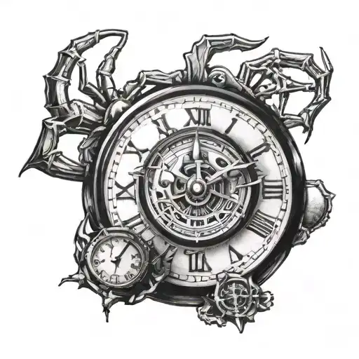 my last name Chavez in Chicano font with a clock and a spider as the clock hands tattoo design idea