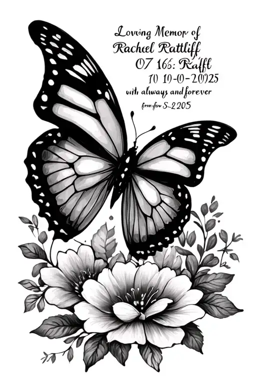  in loving memory of rachel ratliff 07-16-1990 to 10-05-2025 with always and forever wraped around a butterfly  tattoo design idea