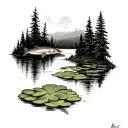 pine trees with northern pike and lily pad marsh and river tattoo design idea