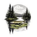 pine trees with northern pike and lily pad marsh and river tattoo design idea