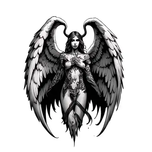 half good halg evil angel full body tattoo design idea