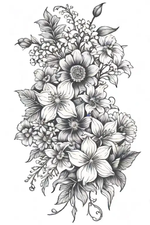 violet, primrose, daisey, sweetpea, cosmos, and narcissus flower bouquet tattoo design idea