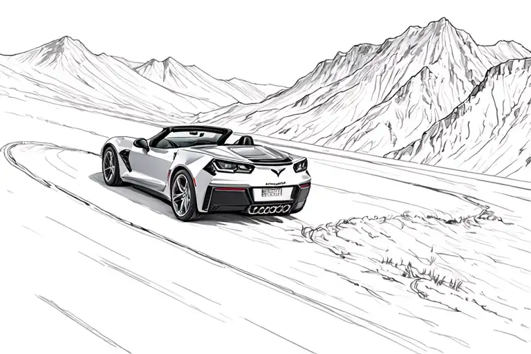 silver corvette c7 convertible driving on mountain tattoo design idea