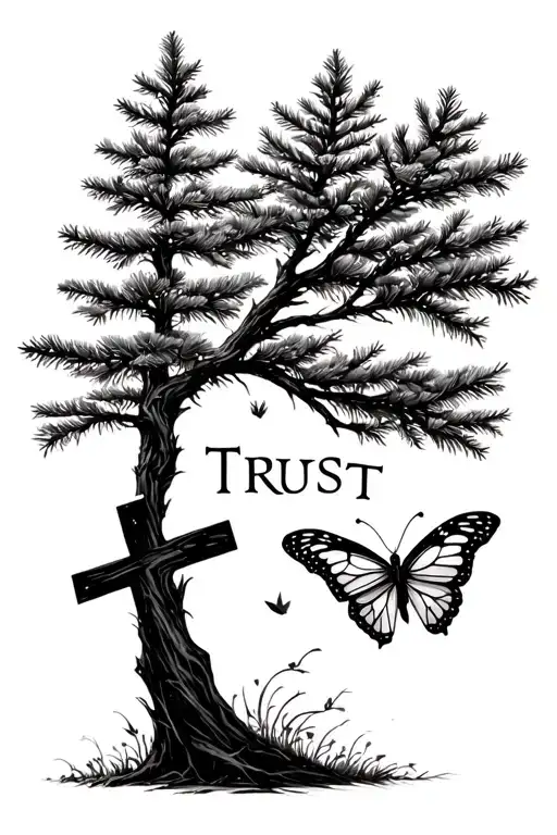 pine tree and the little cross and butterfly and word trust sideways. minimal  tattoo design idea