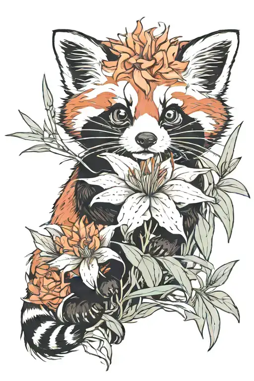 spider lily flower held by a baby red panda tattoo design idea