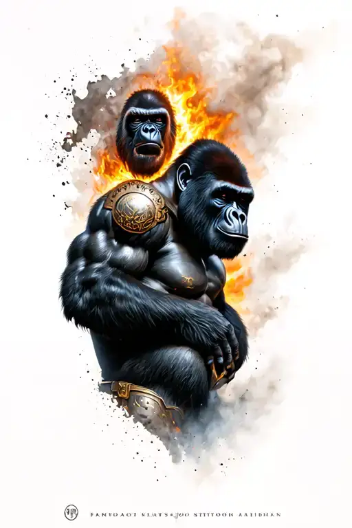Gorilla who comes out of the body and armor in the back and climbs the shoulder with a face on the left Arabbiat tattoo design idea