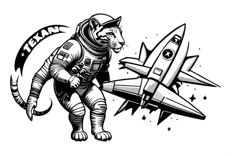 leg sleeve, Houston cougar side profile, astronaut chest up, rocket ship flying into space, Houston Texans bull,   tattoo design idea