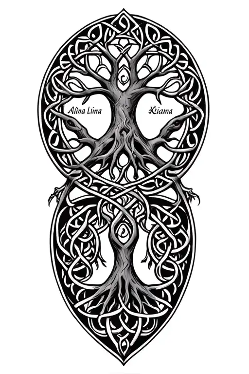 celtic tree of life with my two daughter's names in it Alana and Liliana and wife Keiana tattoo design idea